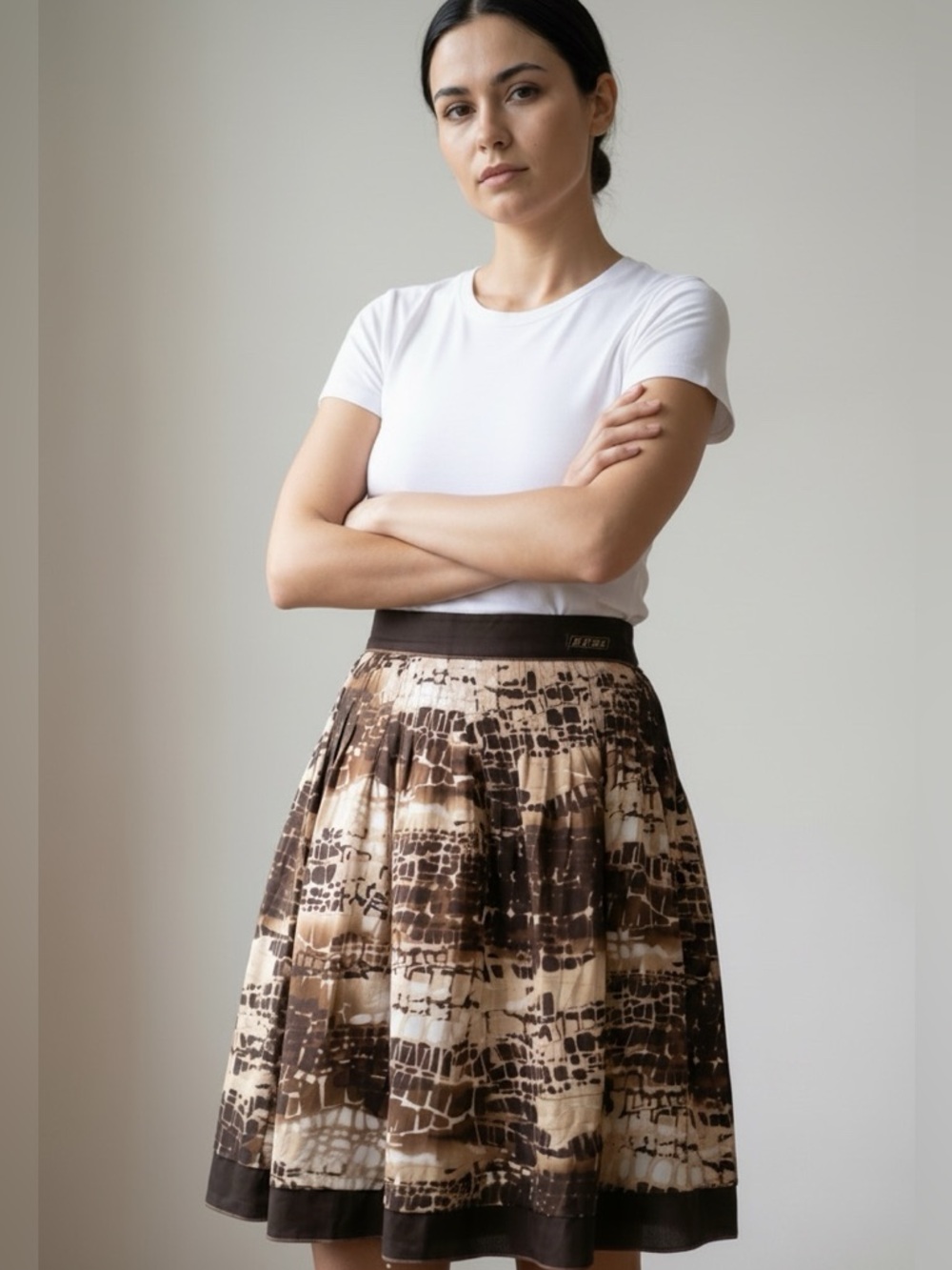 Territories Silk Brown Patterned Midi Skirt